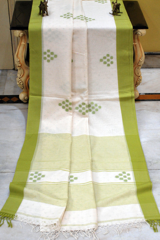 Handwoven Premium Slim Border Soft Cotton Saree in Pearl White and Olive Green