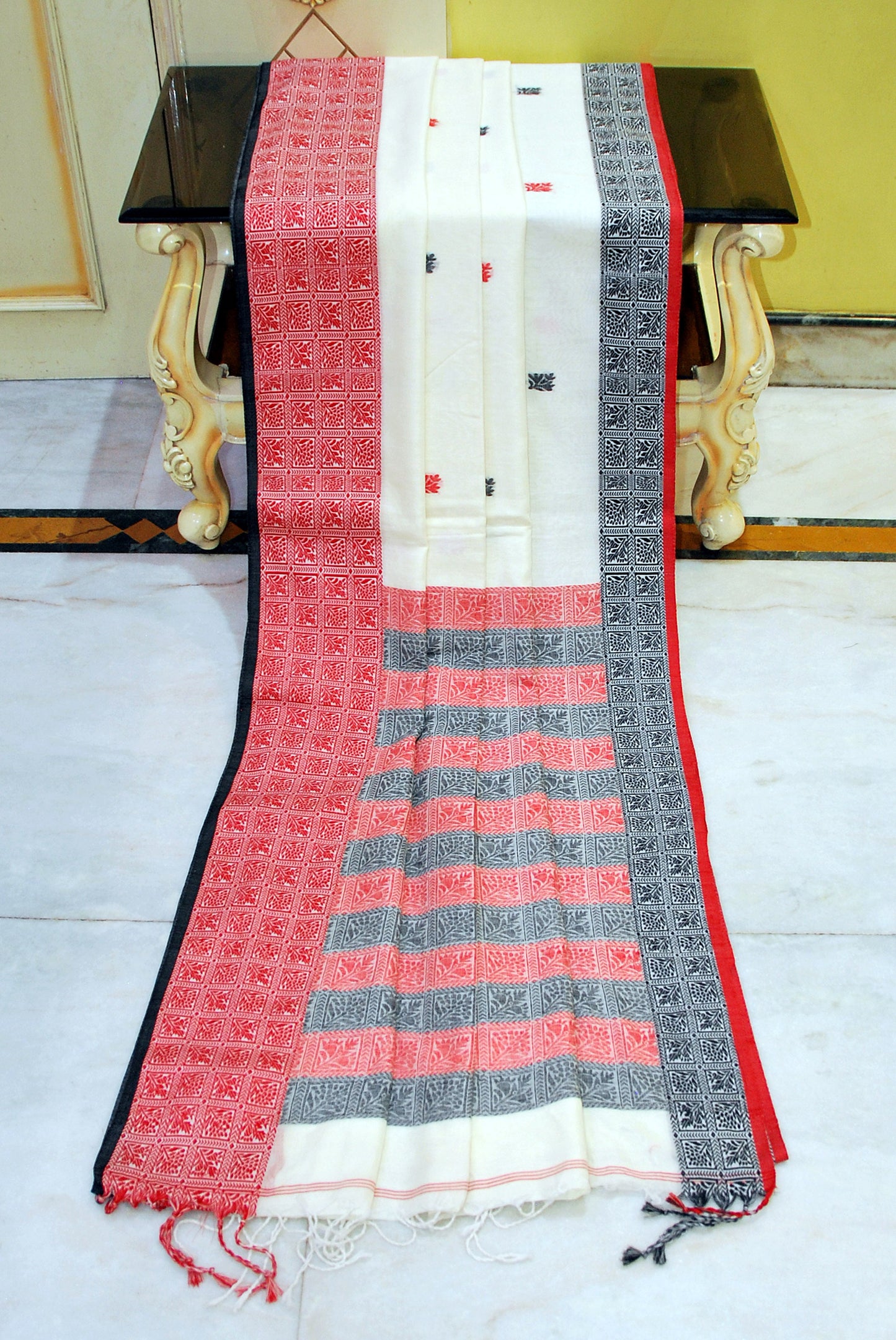 Premium Quality Double Warp Soft Pure Cotton Bomkai Saree in Off White, Red and Black