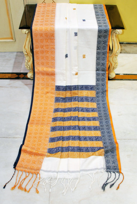 Premium Quality Double Warp Soft Pure Cotton Bomkai Saree in Off White, Amber Yellow and Midnight Blue