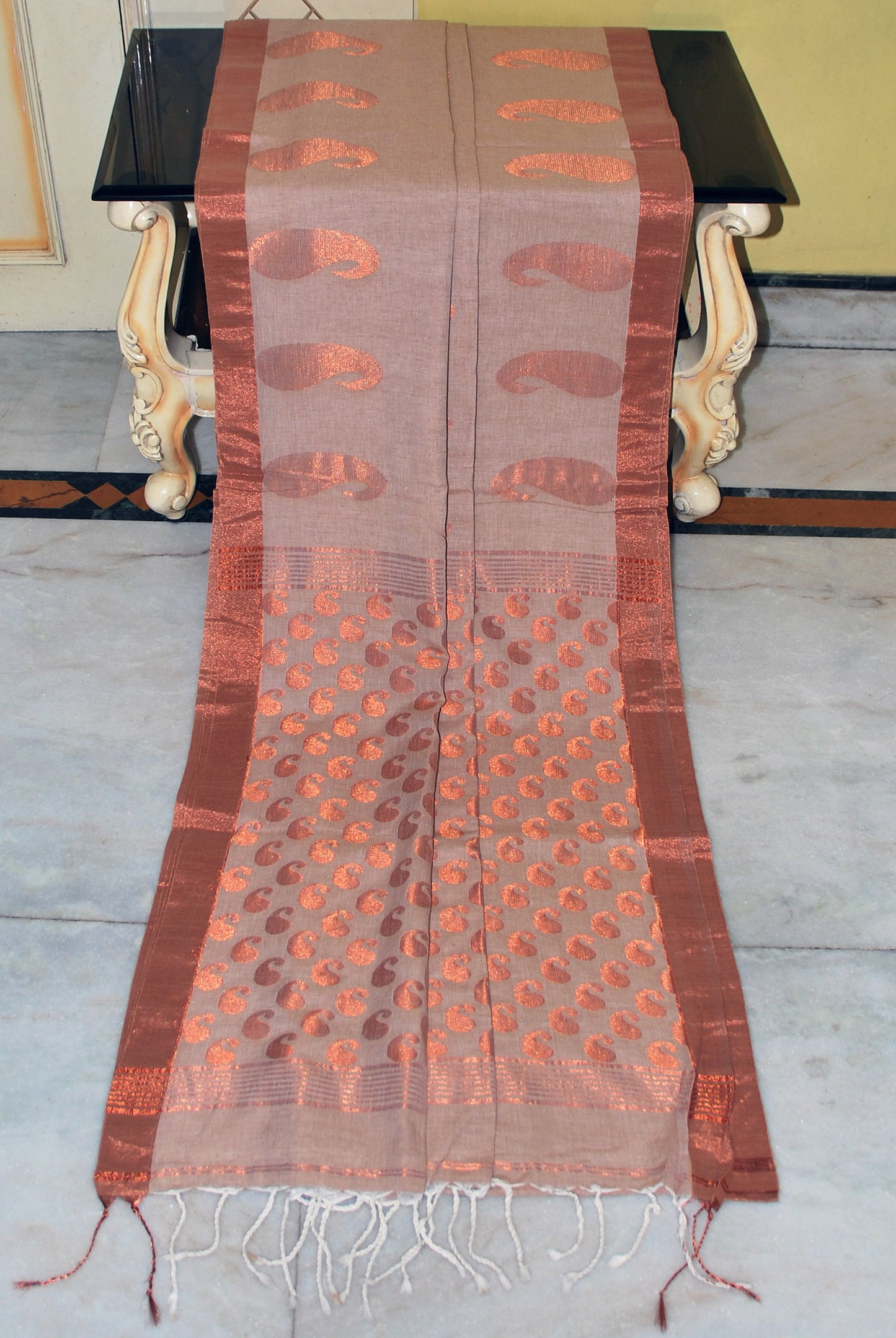 Premium Quality Double Warp Soft Pure Cotton Saree in Beige and Copper Zari Work