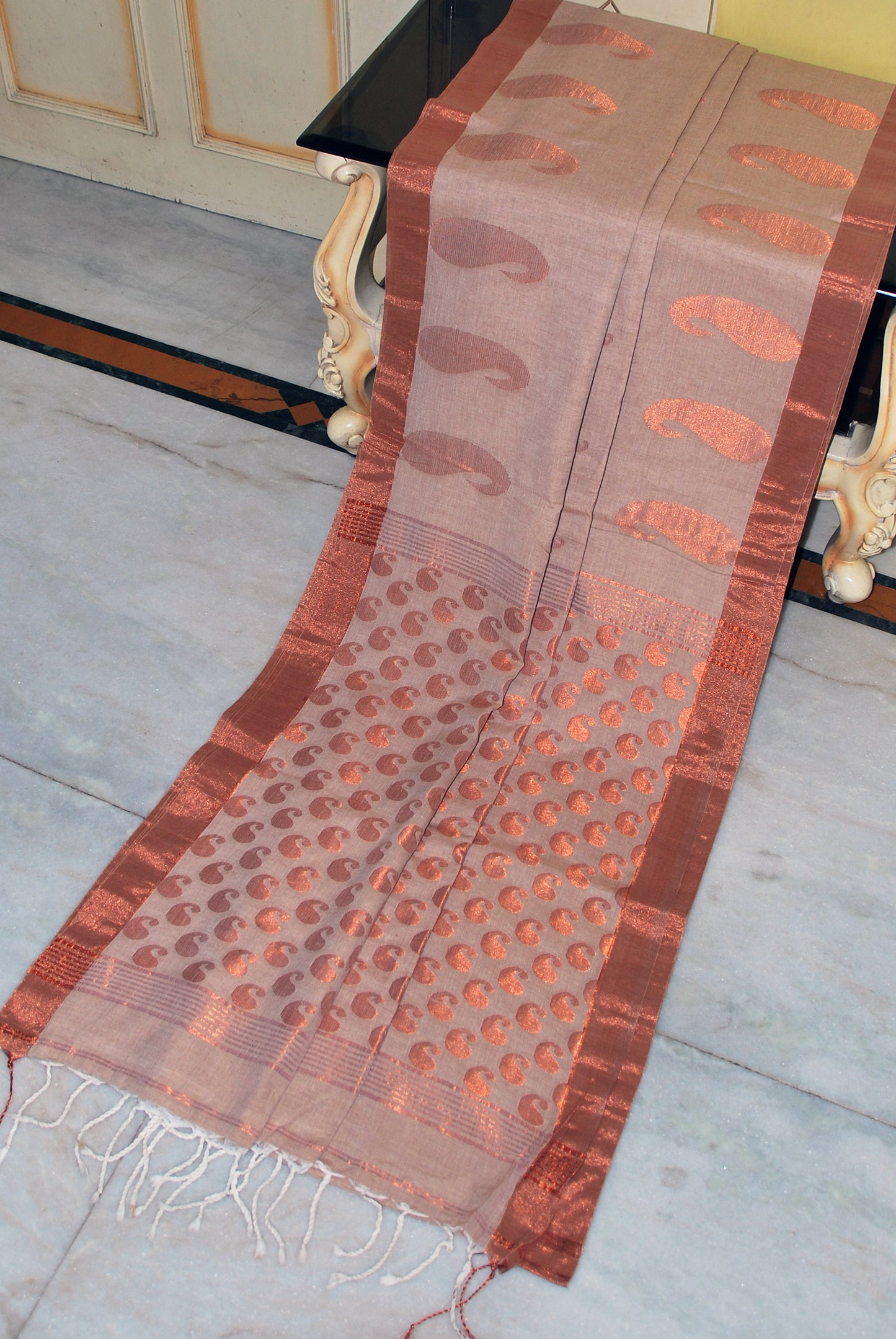 Premium Quality Double Warp Soft Pure Cotton Saree in Beige and Copper Zari Work