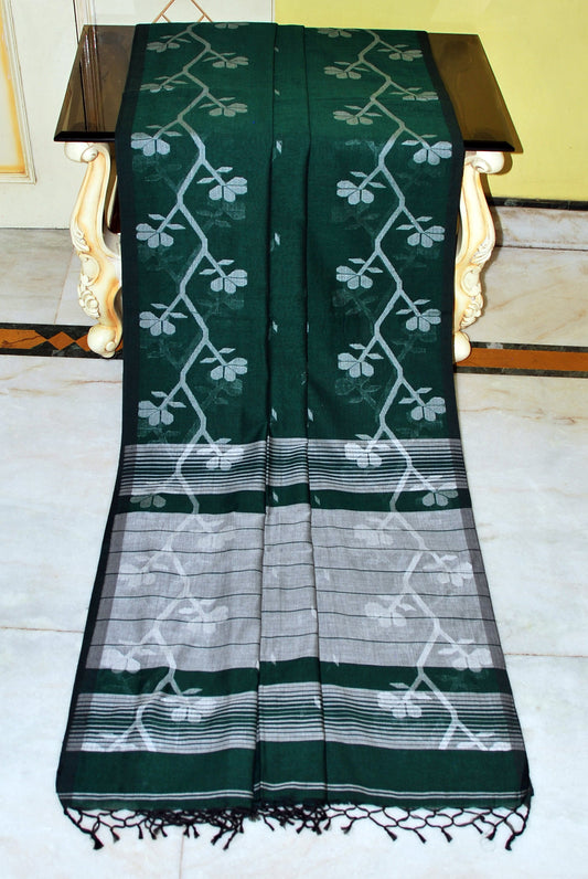 Karat Nakshi Work Soft Cotton Jamdani Saree in Phthalo Green and Steel Grey