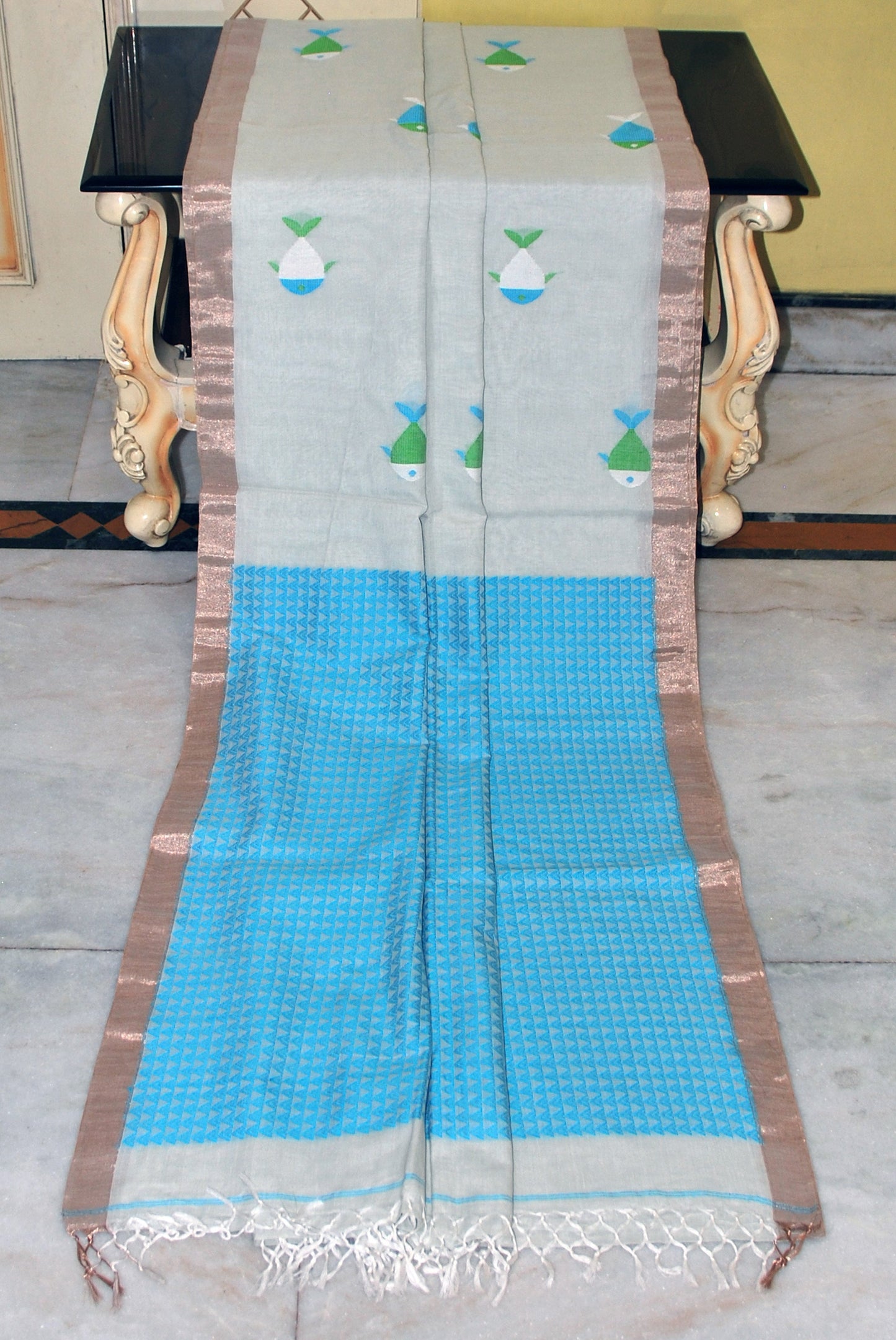 Premium Quality Double Warp Soft Cotton Fish Jamdani Saree in Smoke Grey, Blue, Off White, Green and Water Gold