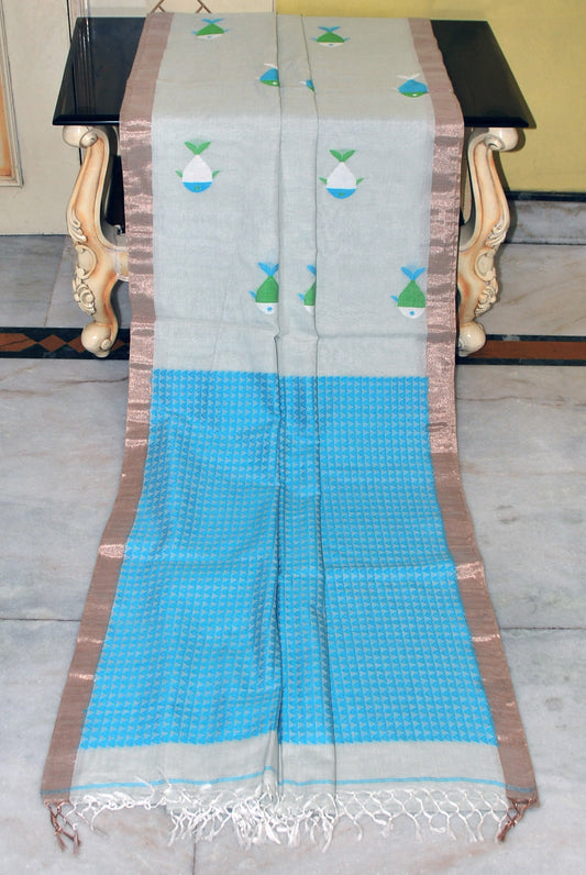 Premium Quality Double Warp Soft Cotton Fish Jamdani Saree in Smoke Grey, Blue, Off White, Green and Water Gold