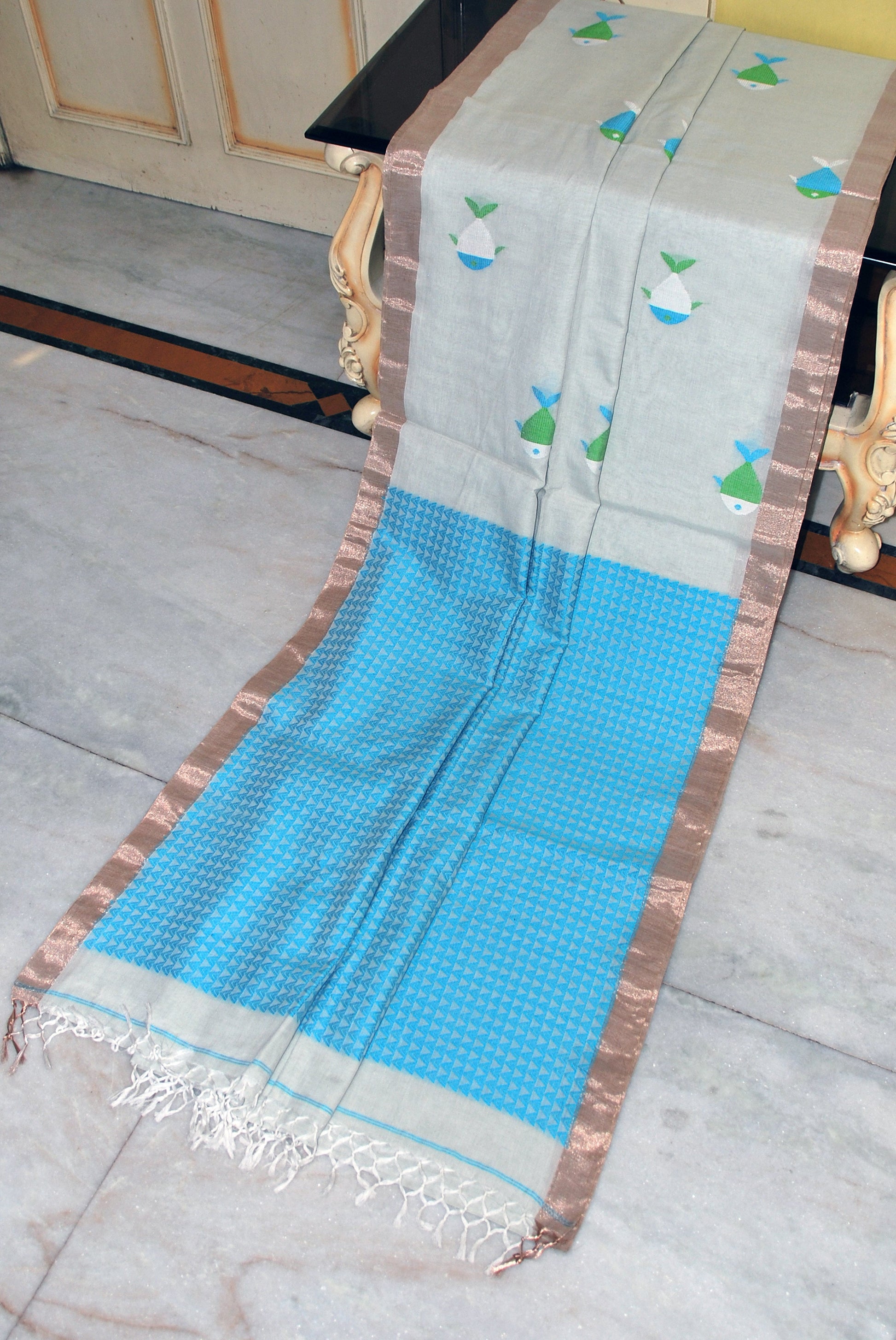 Premium Quality Double Warp Soft Cotton Fish Jamdani Saree in Smoke Grey, Blue, Off White, Green and Water Gold