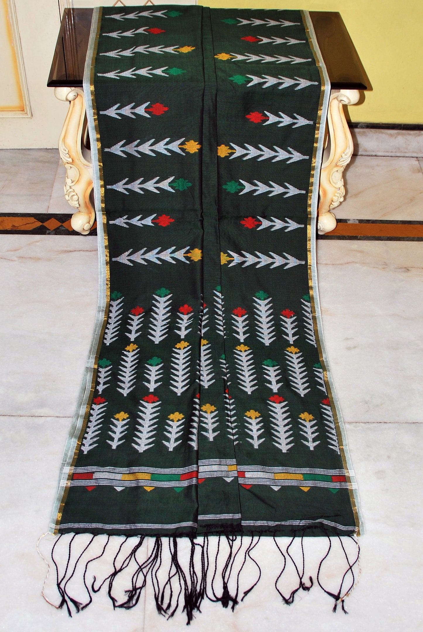 Premium Quality Double Warp Soft Cotton Handwoven Jamdani Saree in Dark Green, Silver White and Multicolored