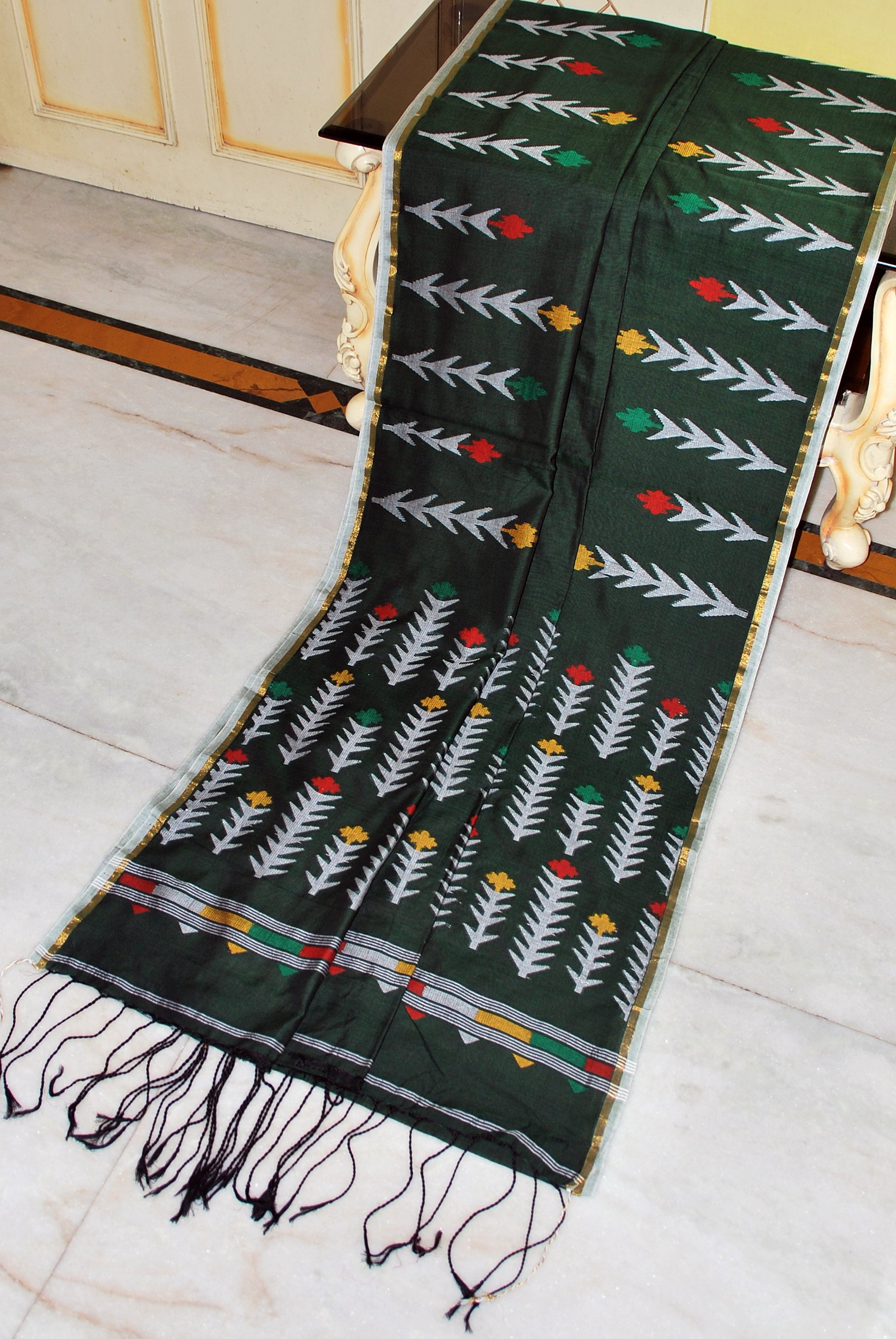 Premium Quality Double Warp Soft Cotton Handwoven Jamdani Saree in Dark Green, Silver White and Multicolored