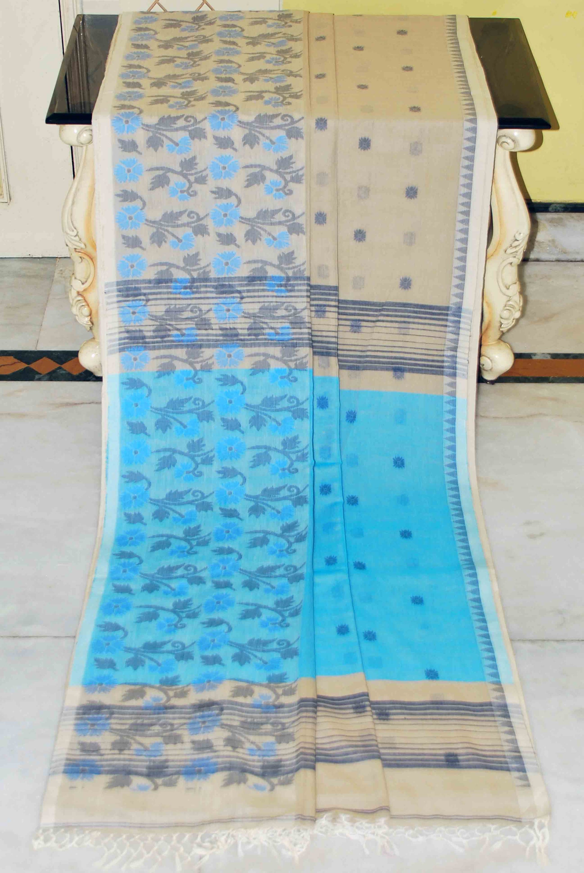 Woven Jamdani Work Skirt Border Soft Cotton Saree in Beige, Baby Blue and Black