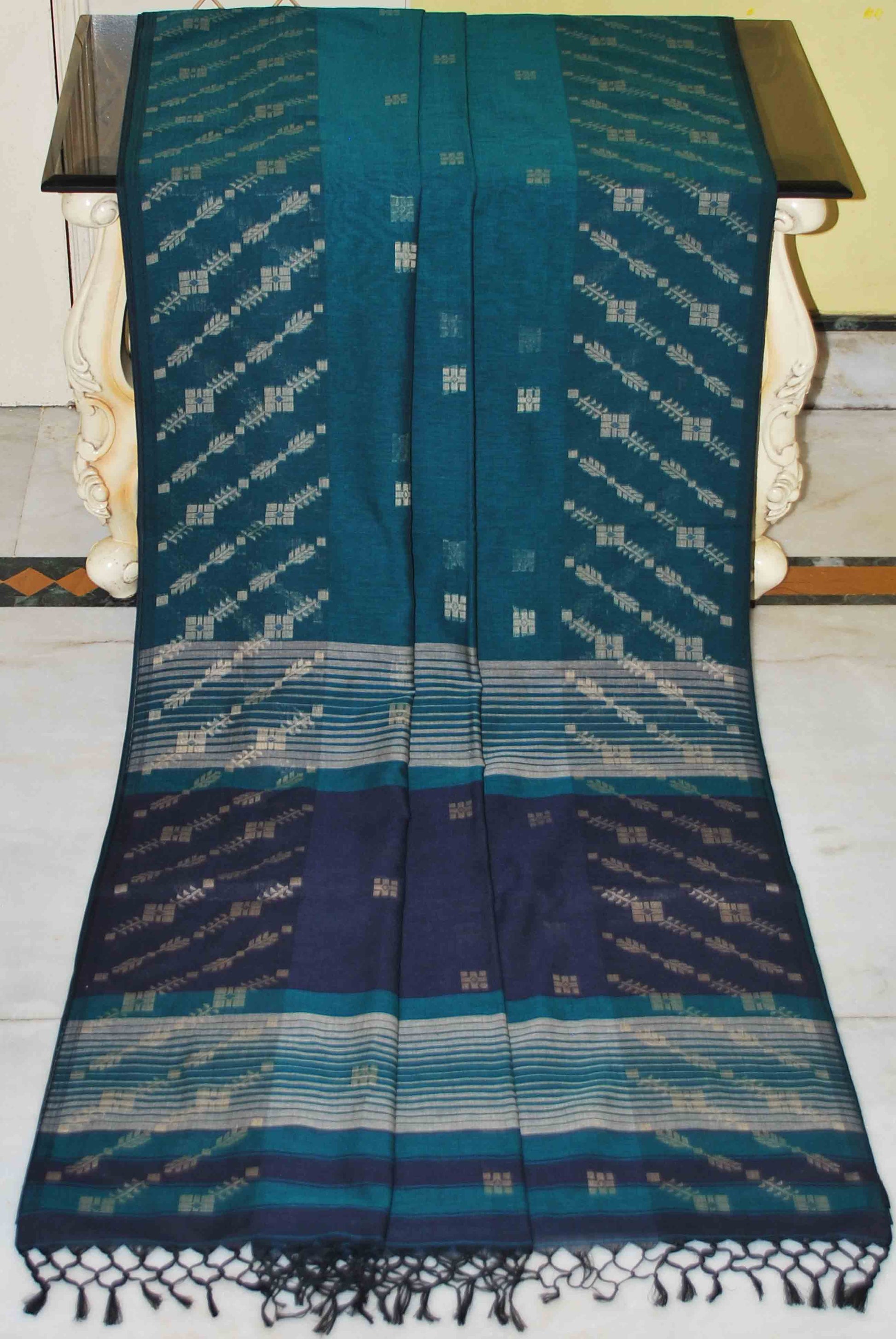 Soft Cotton Jamdani Saree in Phthalo Green and Beige