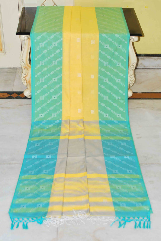 Soft Cotton Jamdani Saree in Corn Yellow, Turquoise and Off White