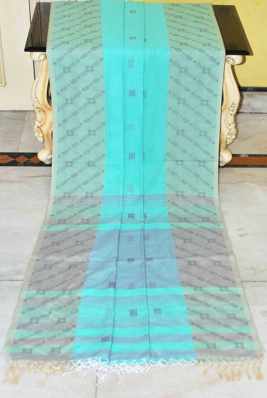 Soft Cotton Jamdani Saree in Aqua Blue, Beige and Dark Grey