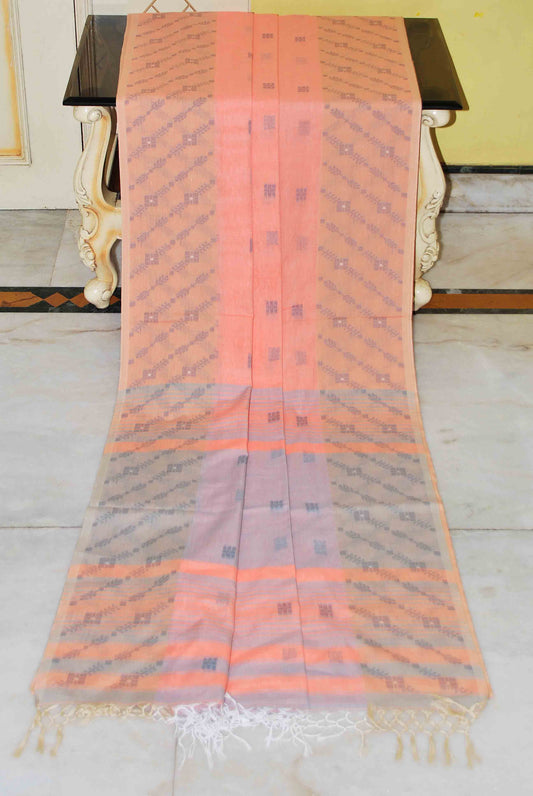 Soft Cotton Jamdani Saree in Peach, Beige and Dark Grey