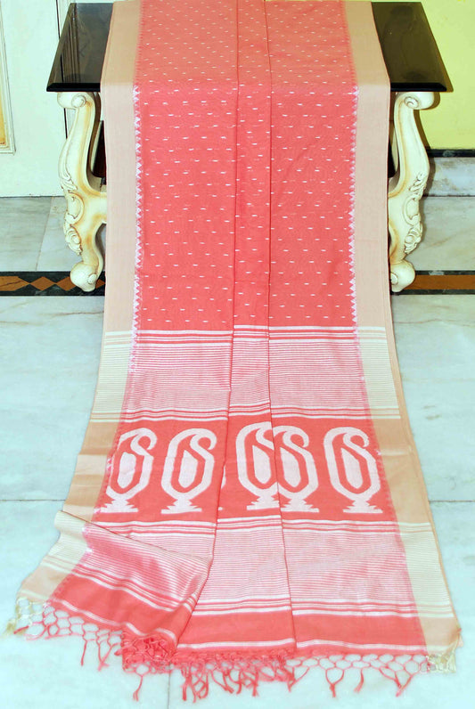 Handwoven Premium Poth Pencil Border Soft Cotton Saree in Salmon, Beige and Off White