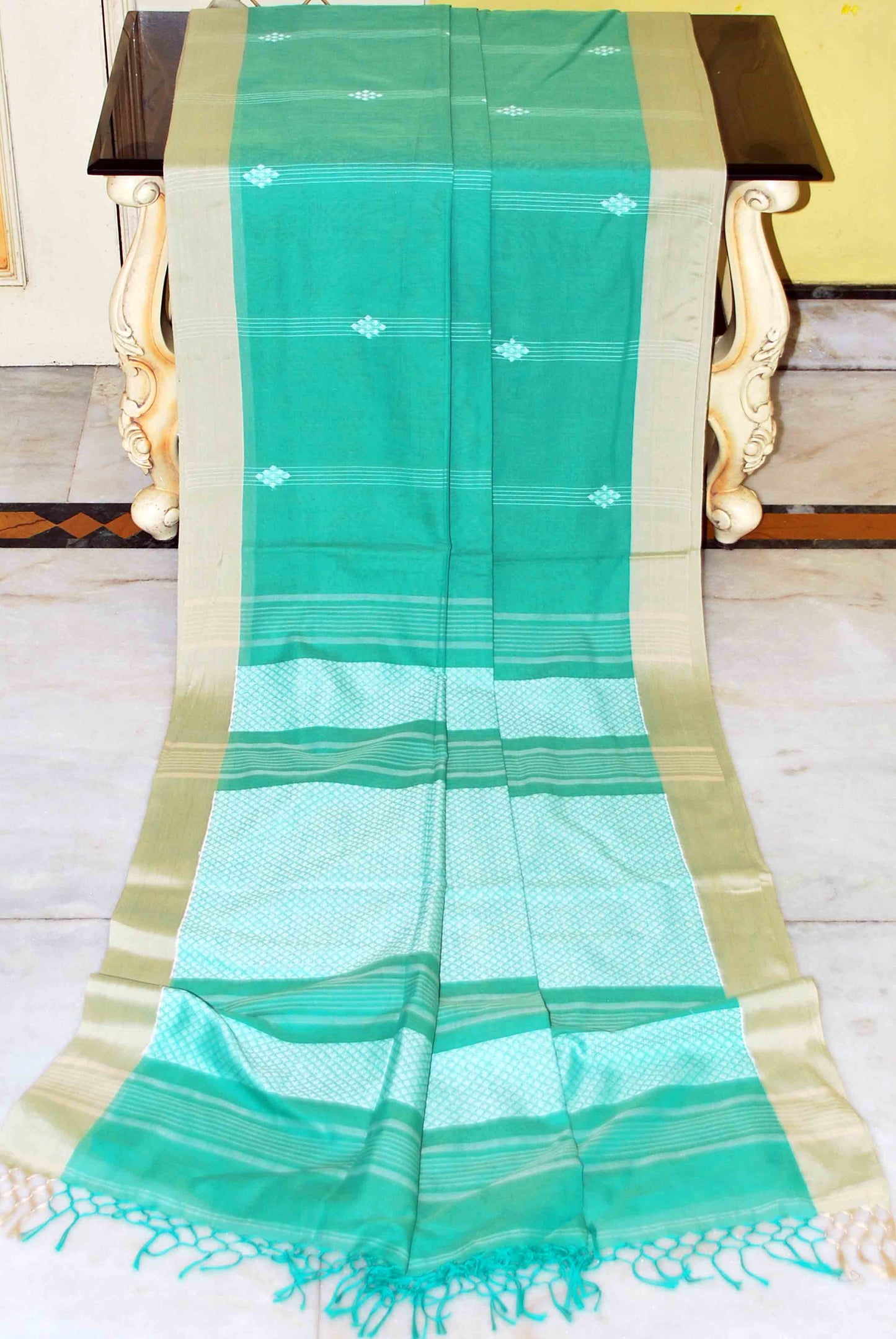 Handwoven Premium Poth Chatai Border Soft Cotton Saree in Jade Green, Beige and Off White