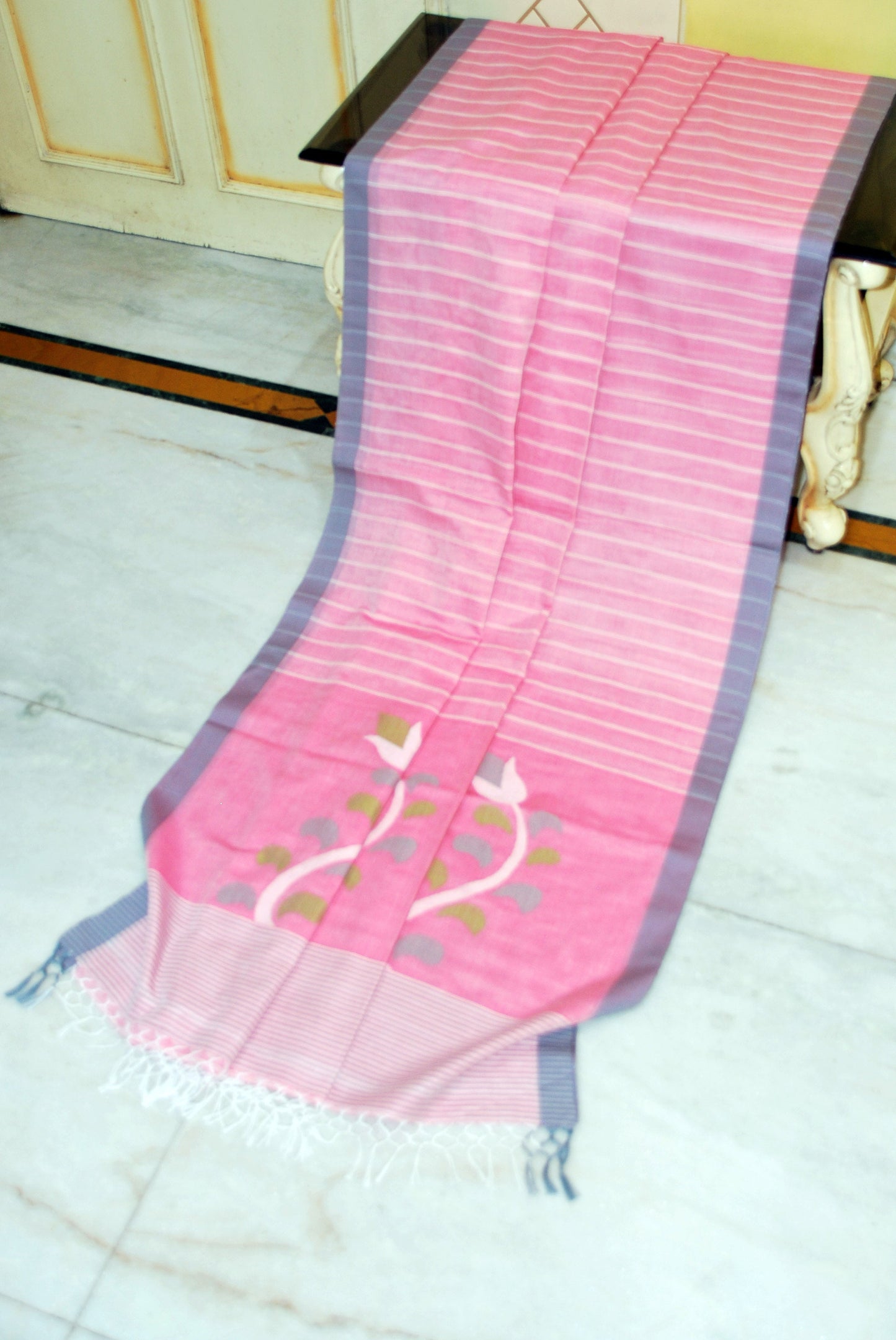 Woven Khes Work Authentic Khaddar Cotton Jamdani Saree in Lemonade Pink, Off White, Grey and Green