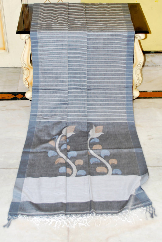 Woven Khes Work Authentic Khaddar Cotton Jamdani Saree in Grey, Off White, Beige and Blue