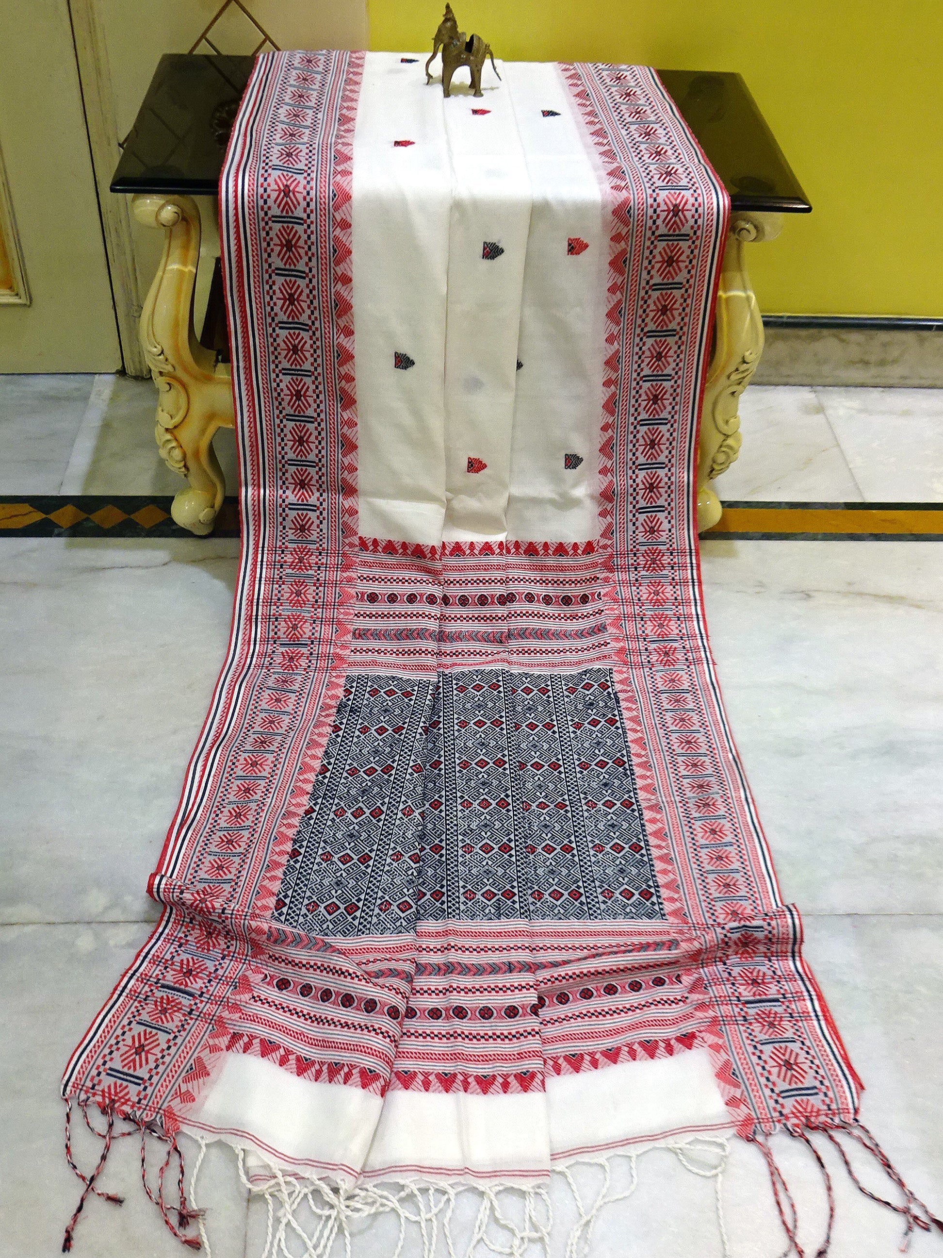 Assamese Motif Work Cotton Kalakshetra Saree in White, Red and Black