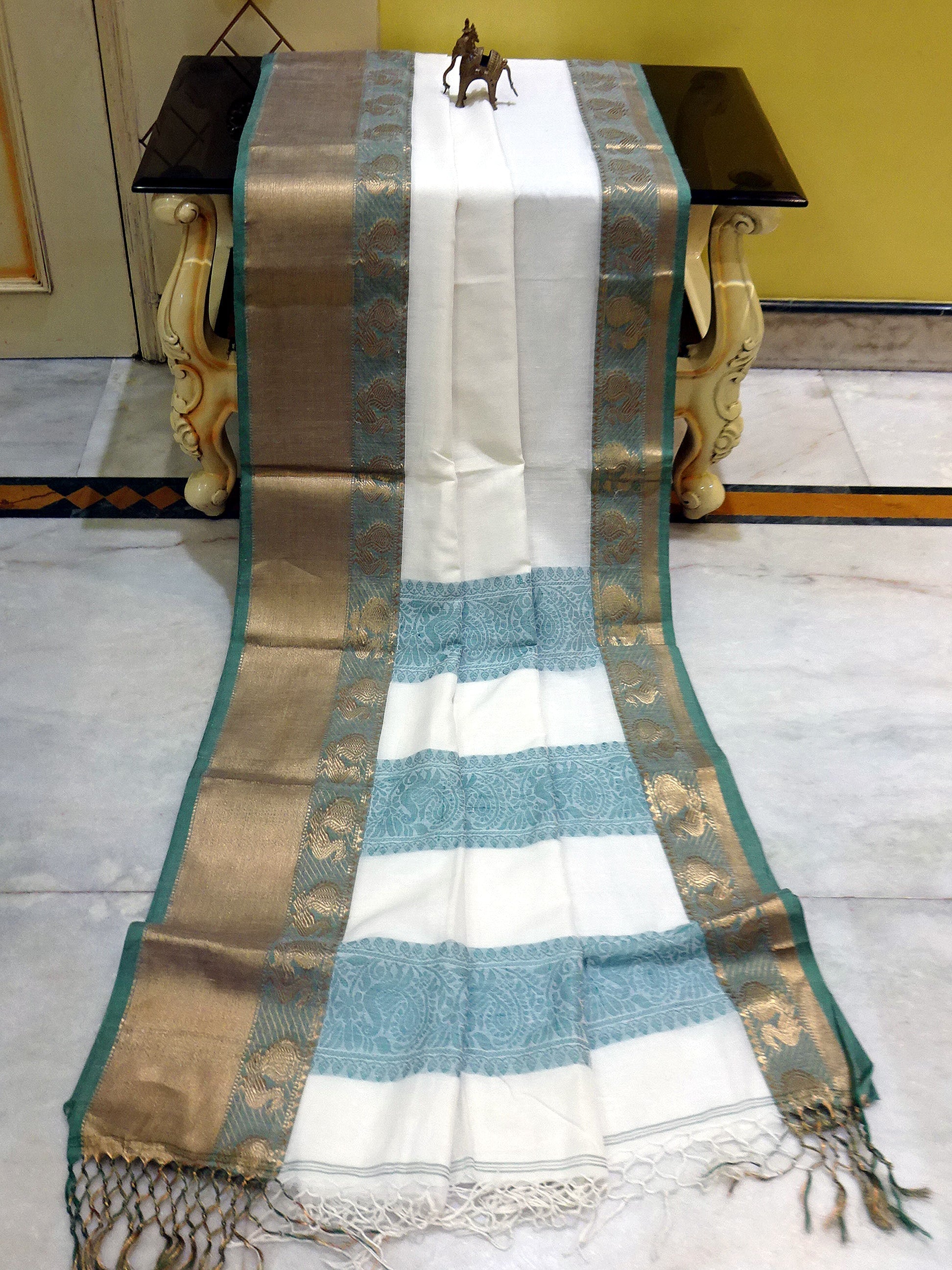 Cotton Kalakshetra Saree in Off white, Antique Gold and Sage Green