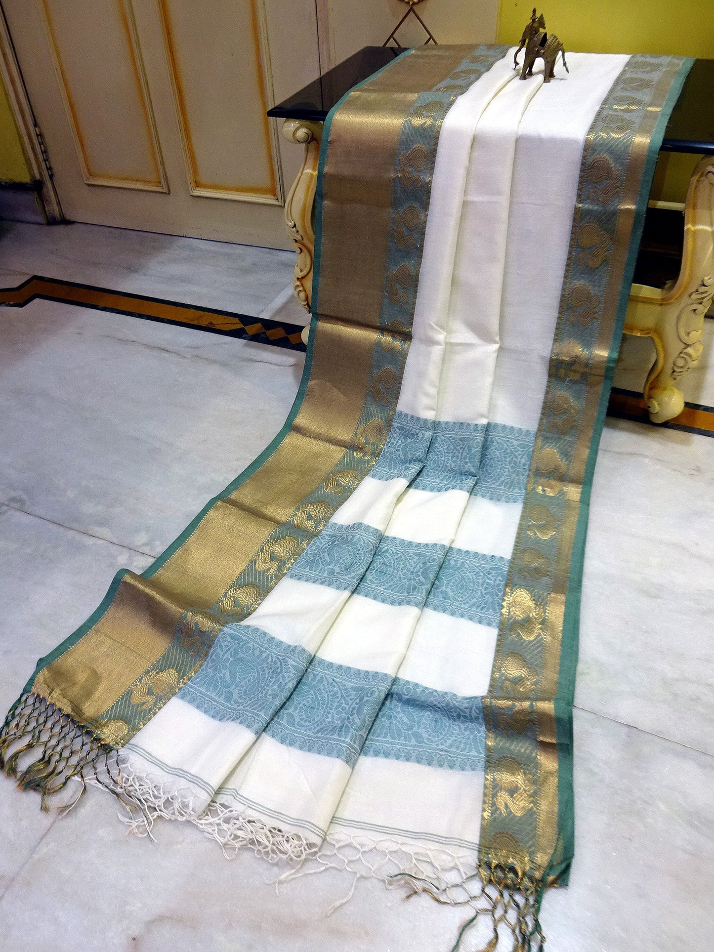 Cotton Kalakshetra Saree in Off white, Antique Gold and Sage Green