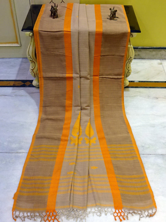 Jute Woven Work Border Soft Cotton Saree in Light Brown and Sunset Yellow