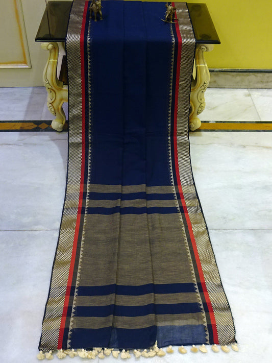 Pure Soft Cotton Saree in Dark Blue, Red and Beige