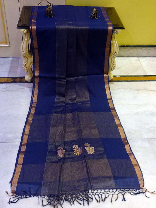 Soft Authentic Pure Cotton Saree in Midnight Blue and Gold