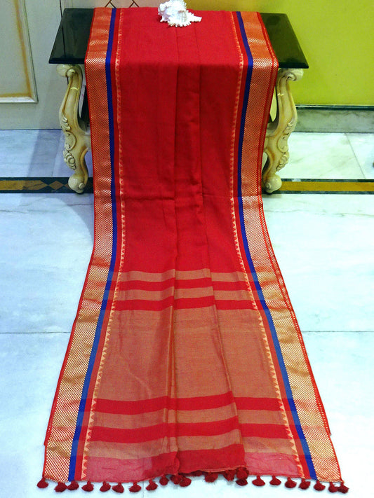 Pure Soft Cotton Saree in Red, Blue and Matt Gold