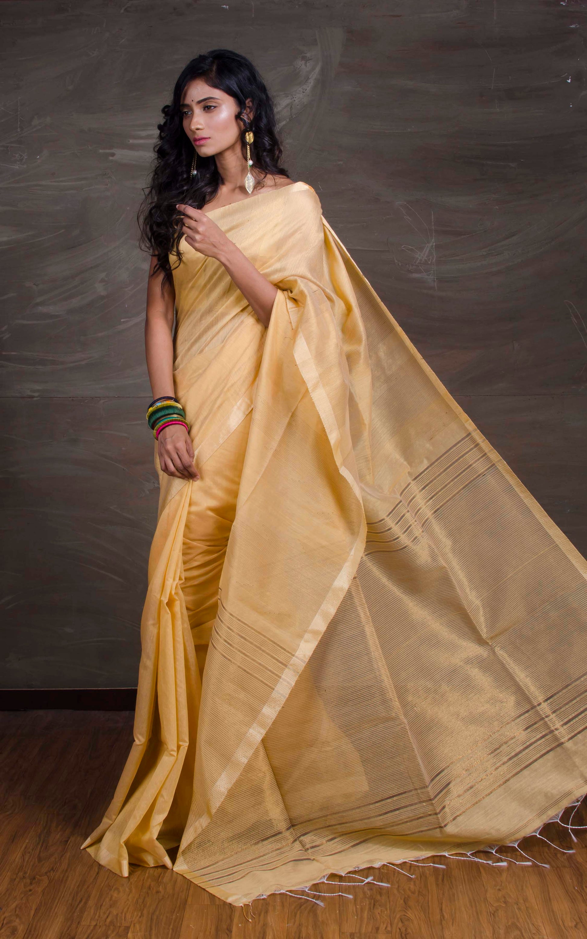 Cotton Silk Saree with Temple Border in Beige and Gold - Bengal Looms India