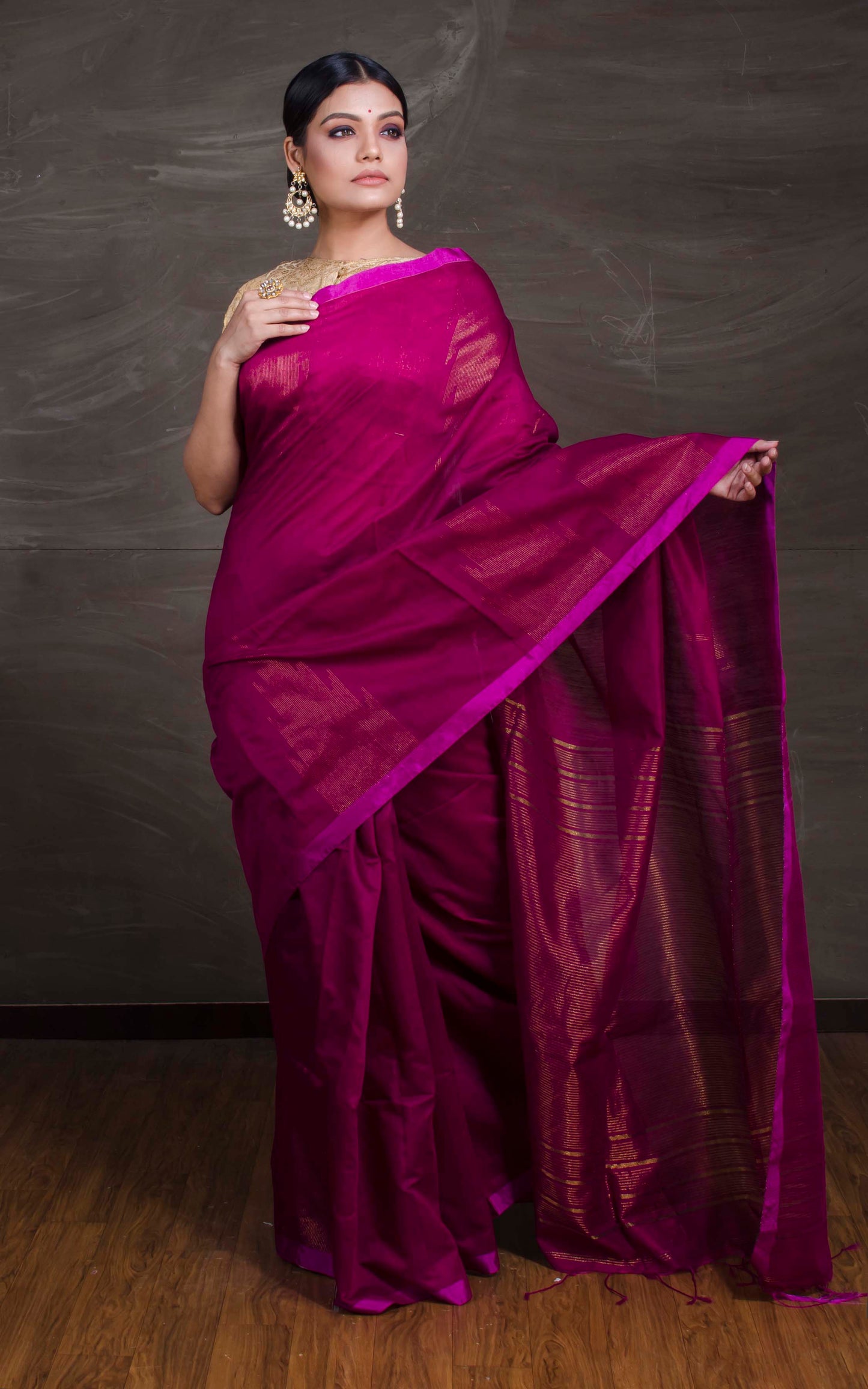 Handloom Khadi Cotton Silk Saree with Temple Border in Magenta and Gold from Bengal Looms India