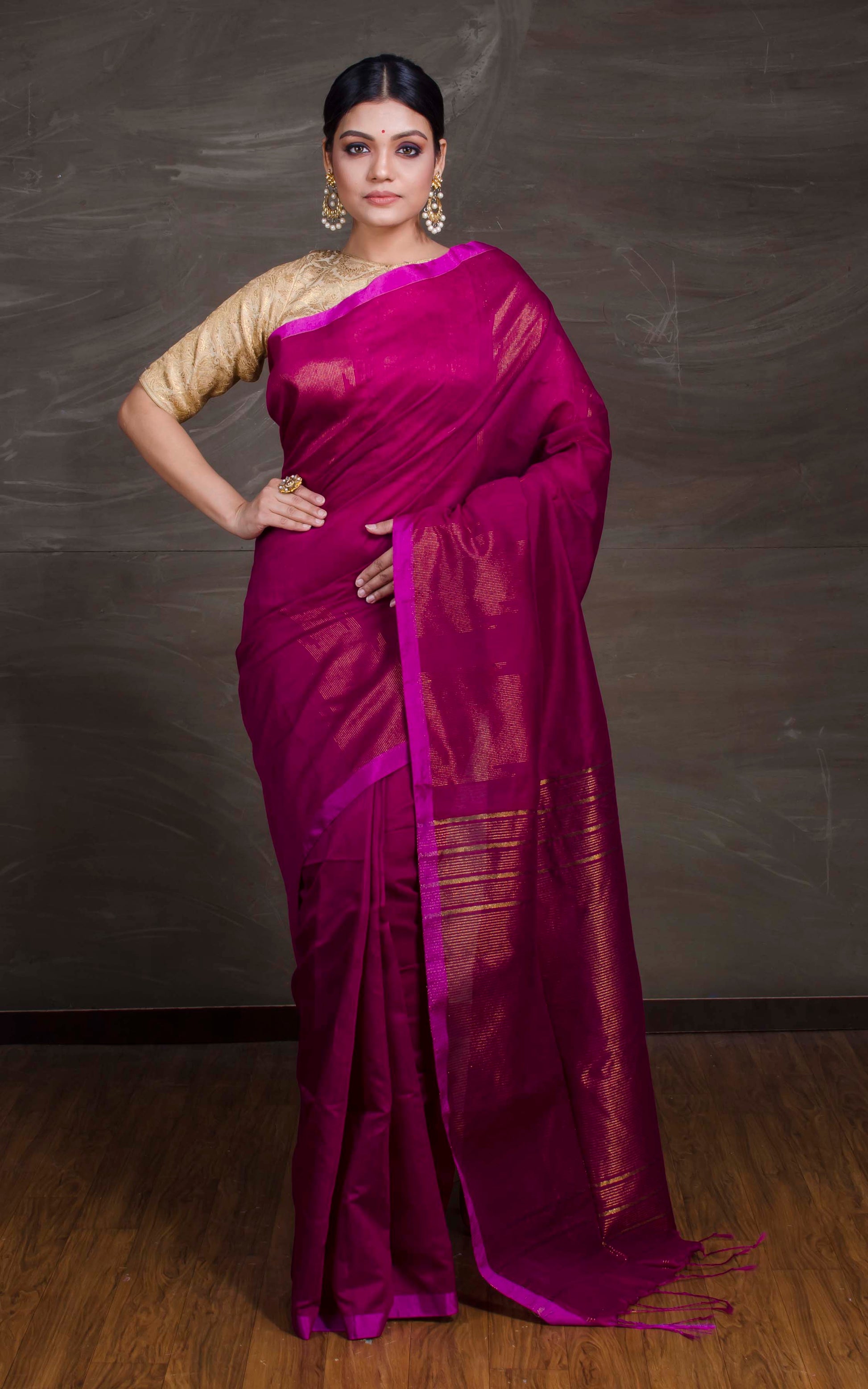 Handloom Khadi Cotton Silk Saree with Temple Border in Magenta and Gold from Bengal Looms India