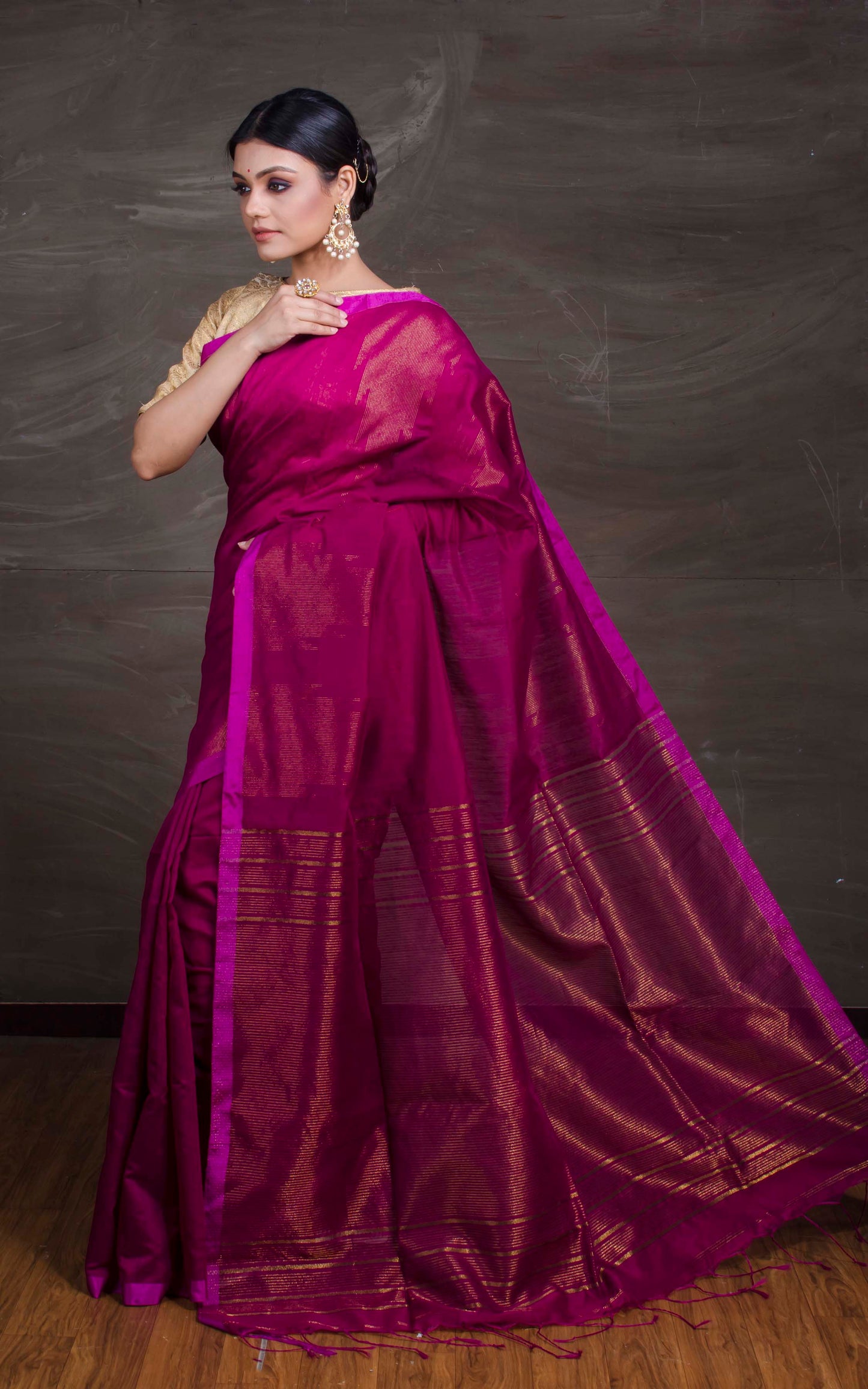 Handloom Khadi Cotton Silk Saree with Temple Border in Magenta and Gold from Bengal Looms India