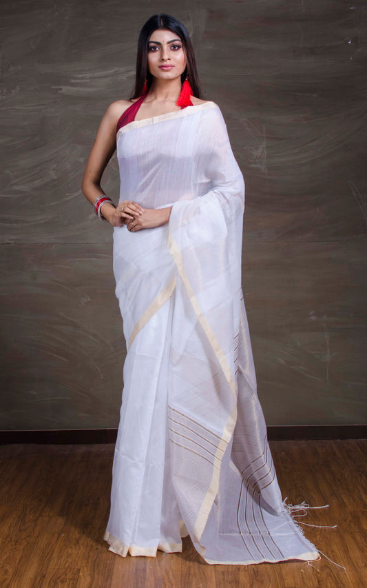 Handloom Khadi Cotton Silk Saree with Temple Border in White and Gold from Bengal Looms India