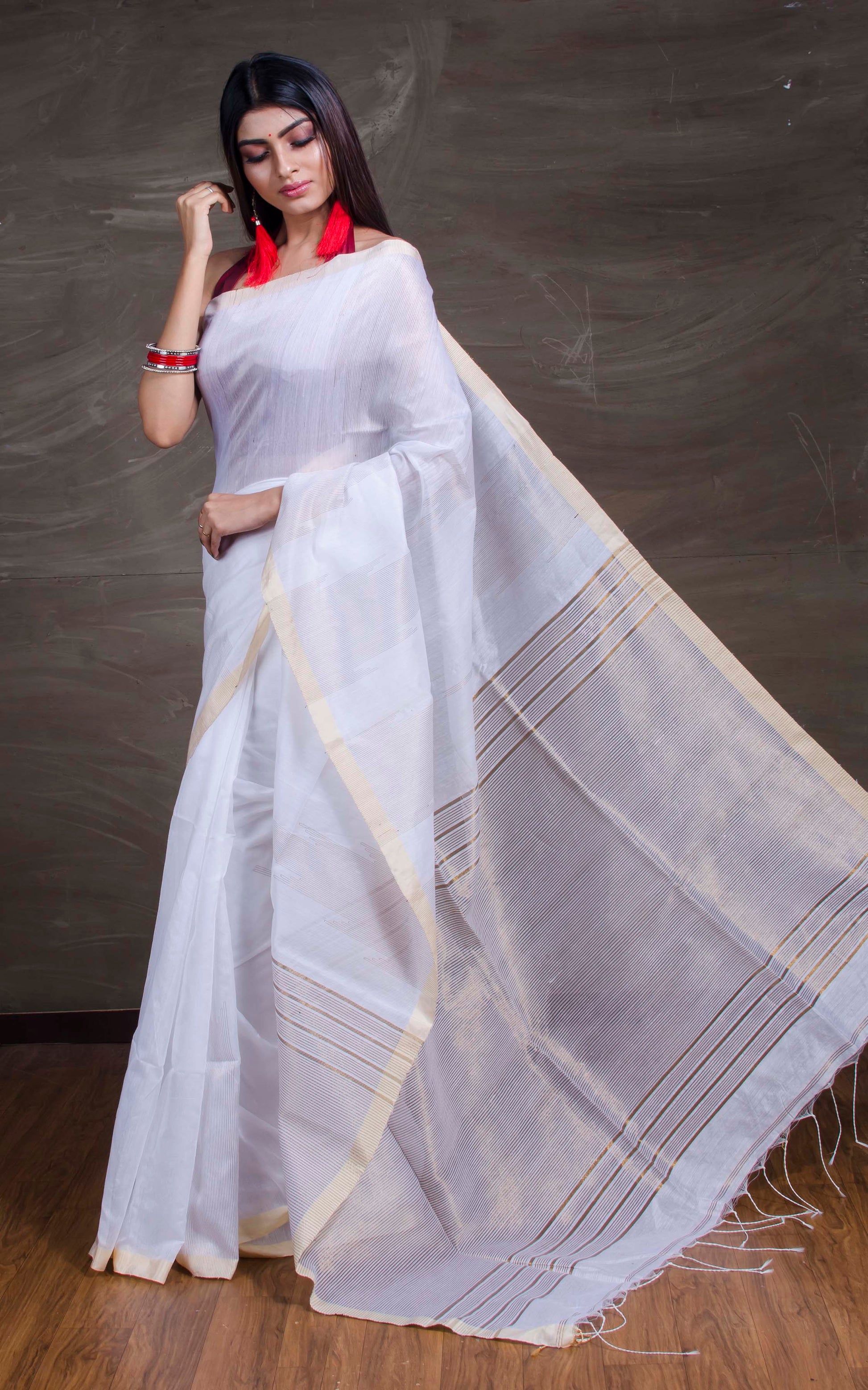 Handloom Khadi Cotton Silk Saree with Temple Border in White and Gold from Bengal Looms India