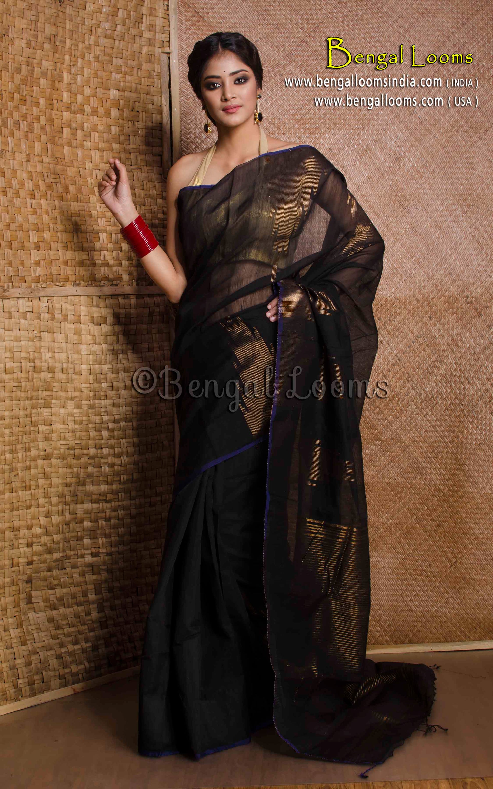 Handloom Khadi Cotton Silk Saree with Temple Border in Black and Gold - Bengal Looms India