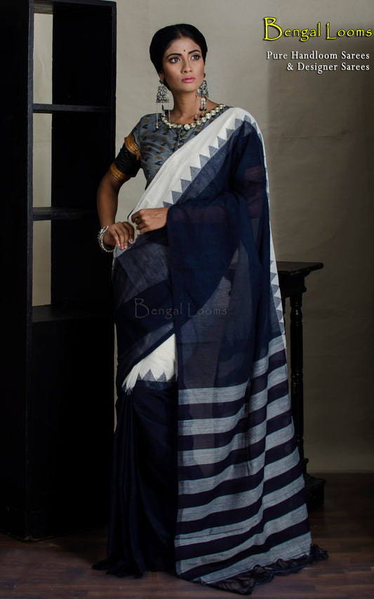 Khadi Soft Cotton Saree in Midnight Blue and Off White