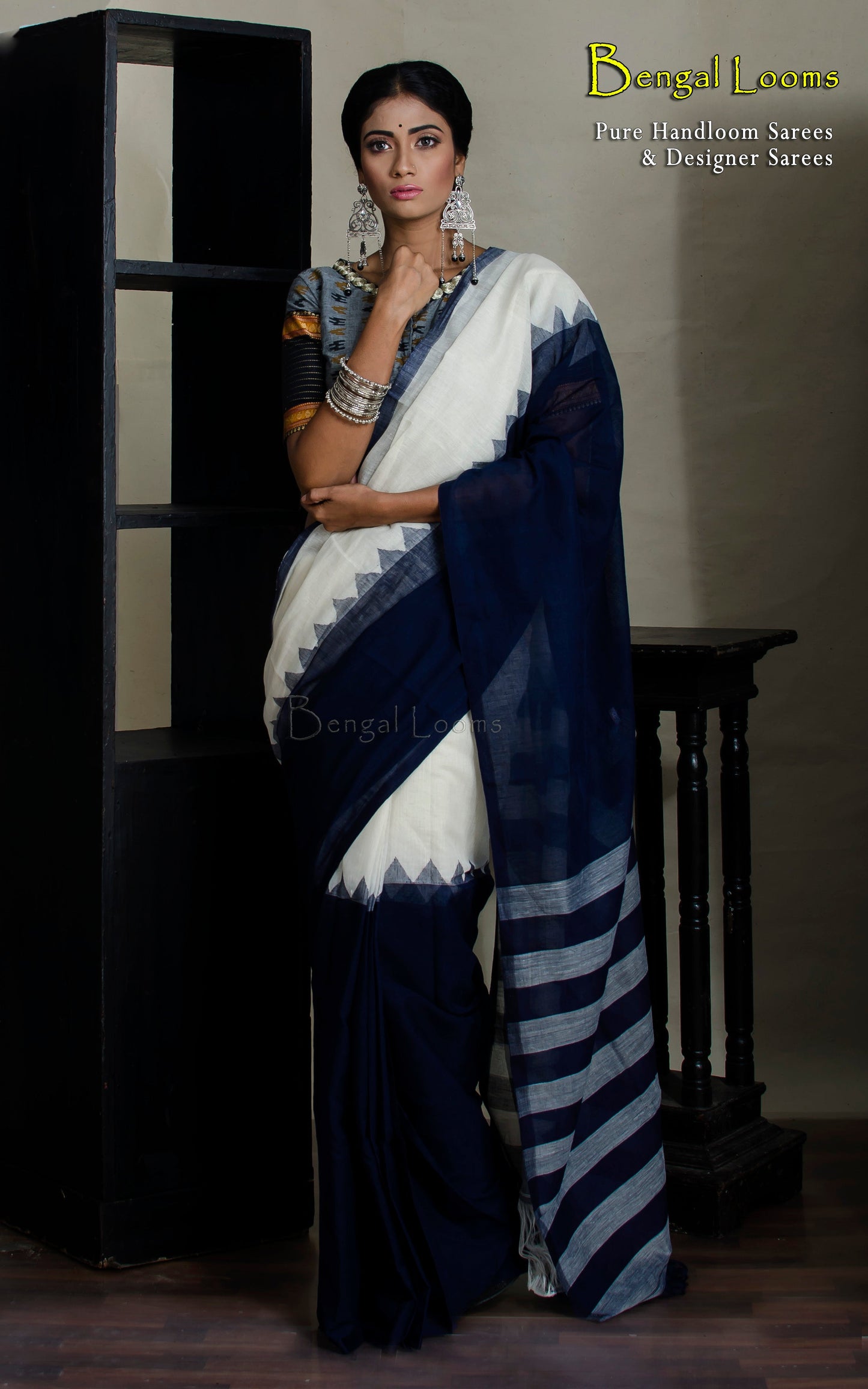 Khadi Soft Cotton Saree in Midnight Blue and Off White