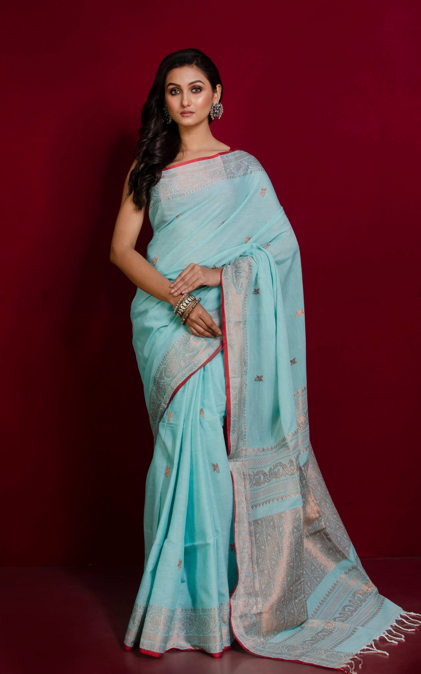 Premium Quality Double Warp Soft Pure Cotton Banarasi Saree in Celeste Blue, Dark Red and Copper Zari Work