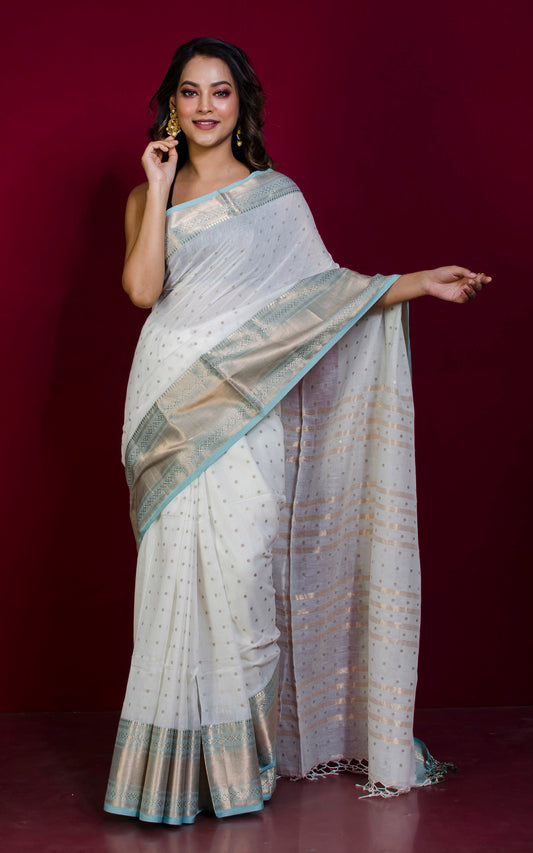 Sitara Work Cotton Linen Gadwal Saree in Off White, Matt Gold and Cyan