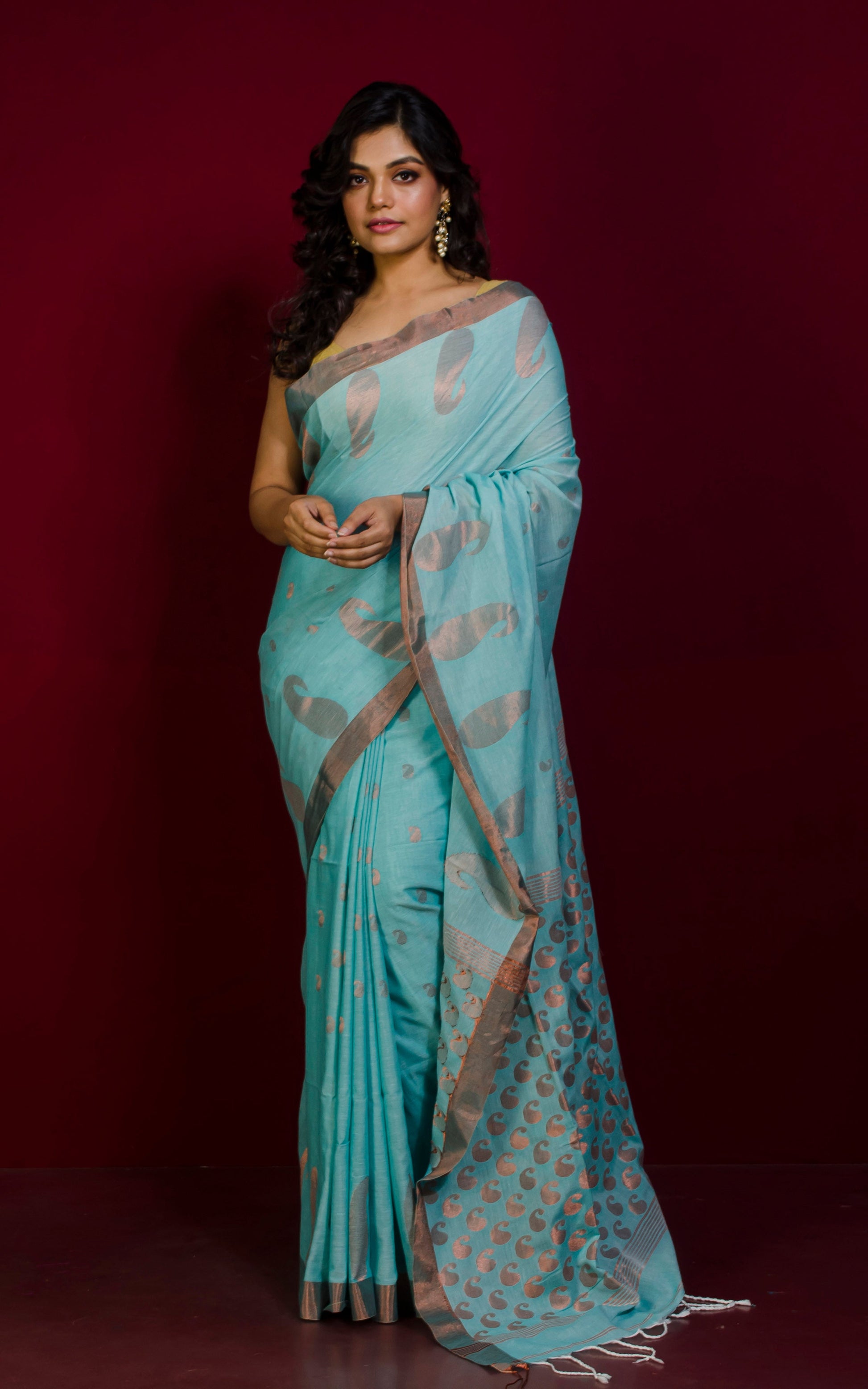 Premium Quality Double Warp Soft Pure Cotton Saree in Celeste Blue and Copper Zari Work