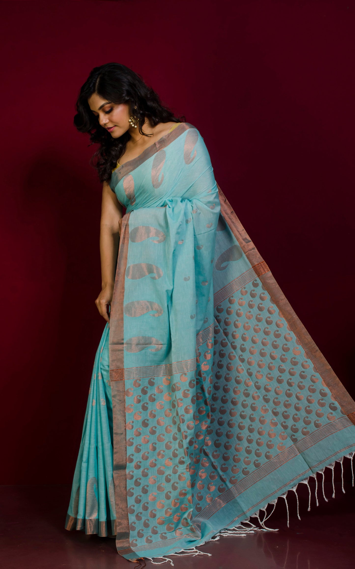 Premium Quality Double Warp Soft Pure Cotton Saree in Celeste Blue and Copper Zari Work