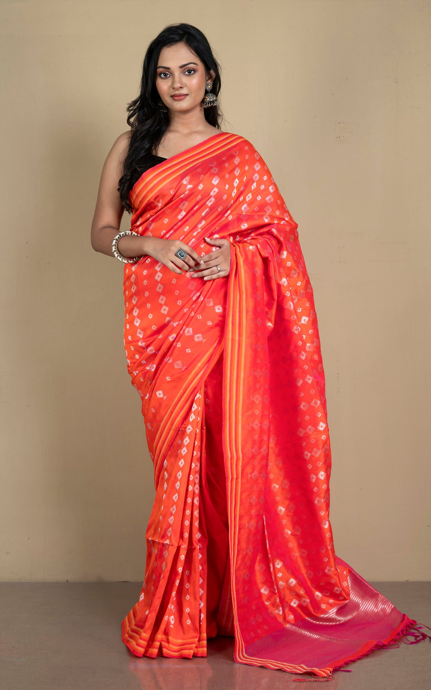 Designer Jute Cotton Katan Silk Saree in Portland Orange, Beige and Silver Zari Work