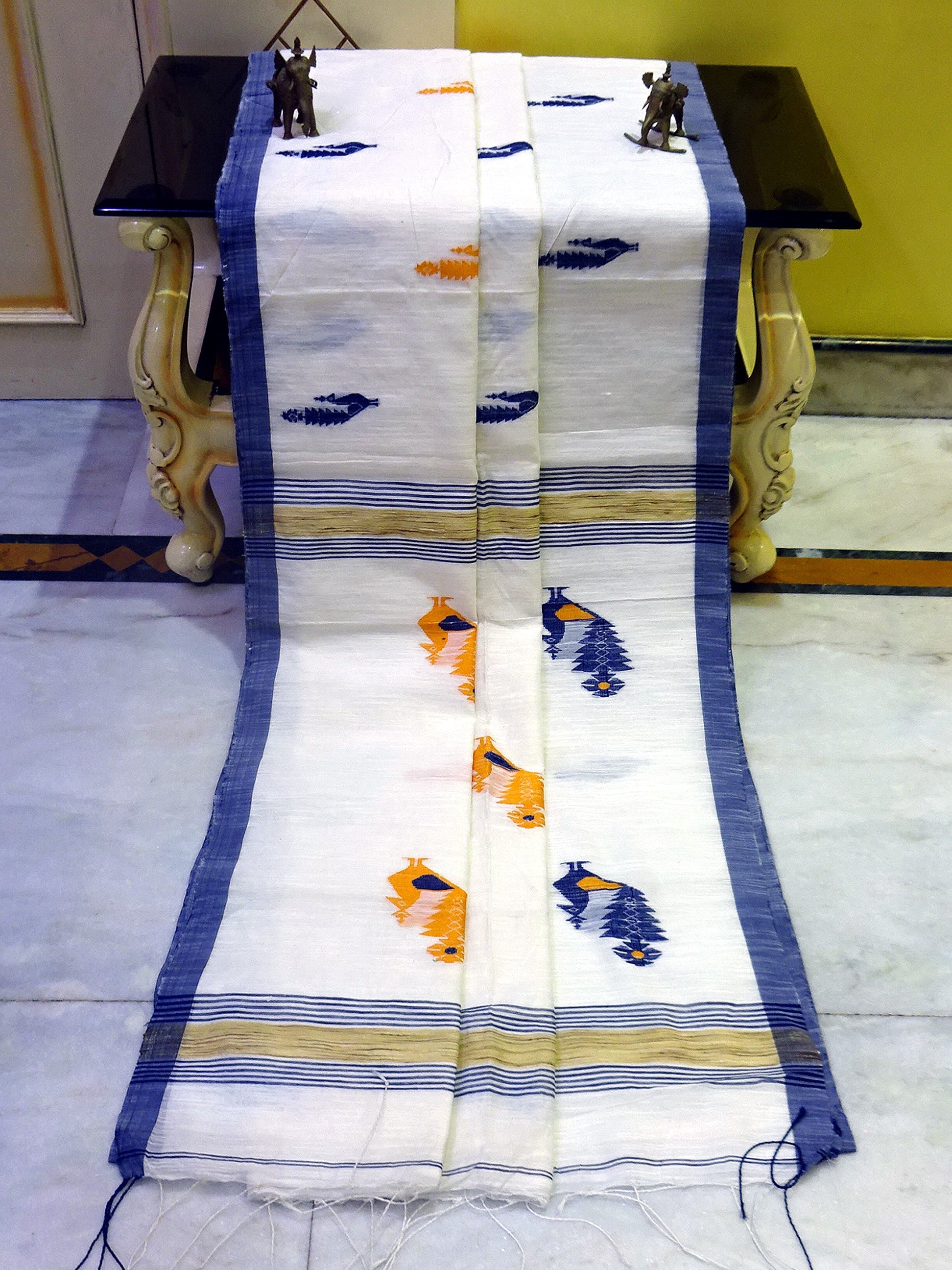 Soft Cotton Silk Jamdani Saree in White, Navy Blue and Mustard Golden