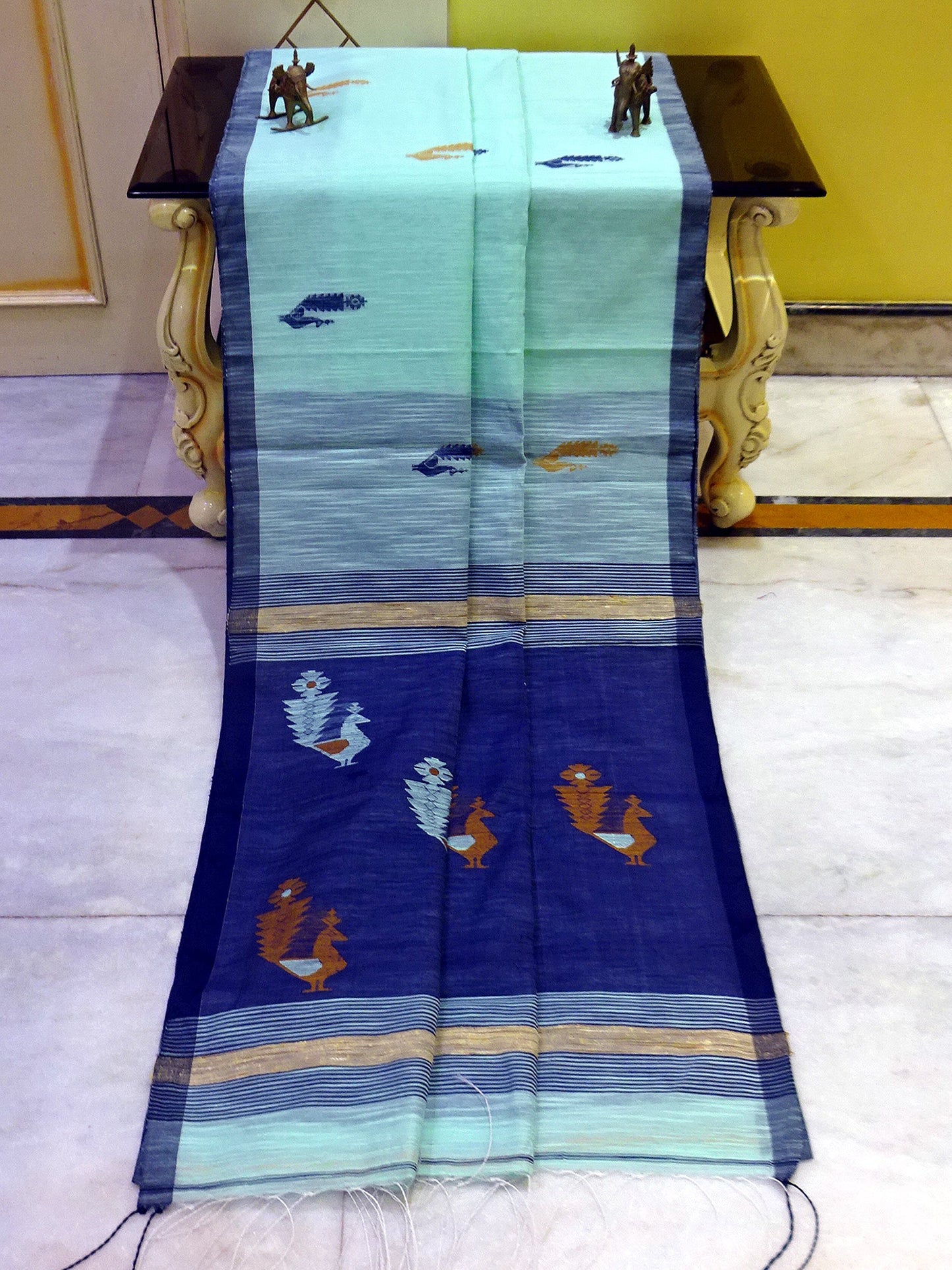 Soft Cotton Silk Jamdani Saree in Mint Green, Navy Blue and Mustard Brown