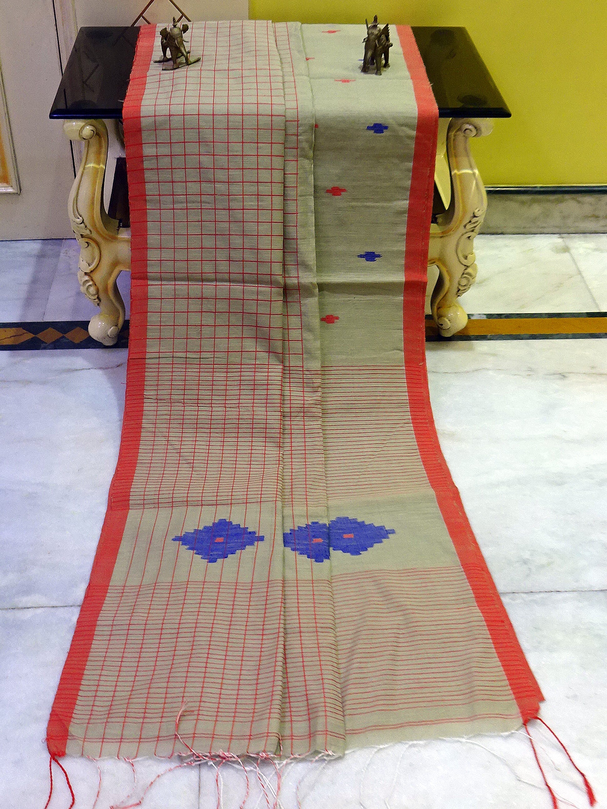 Designer Soft Cotton Silk Saree in Khaki, Blue and Red