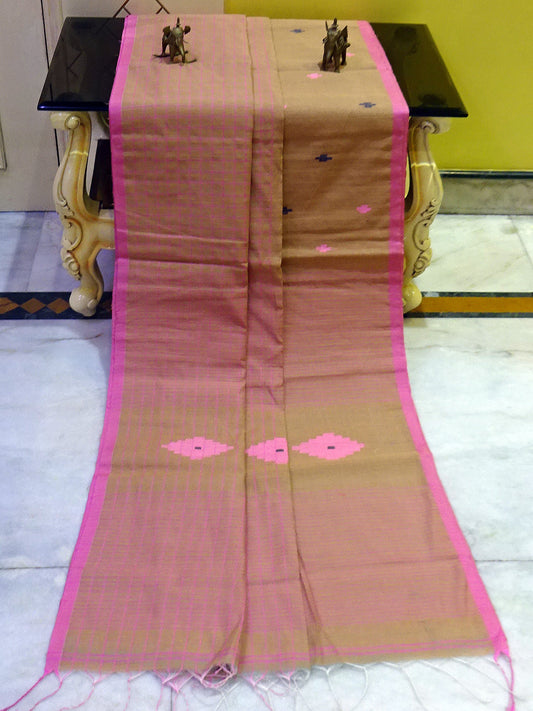 Designer Soft Cotton Silk Saree in Tan, Navy Blue and Taffy Pink