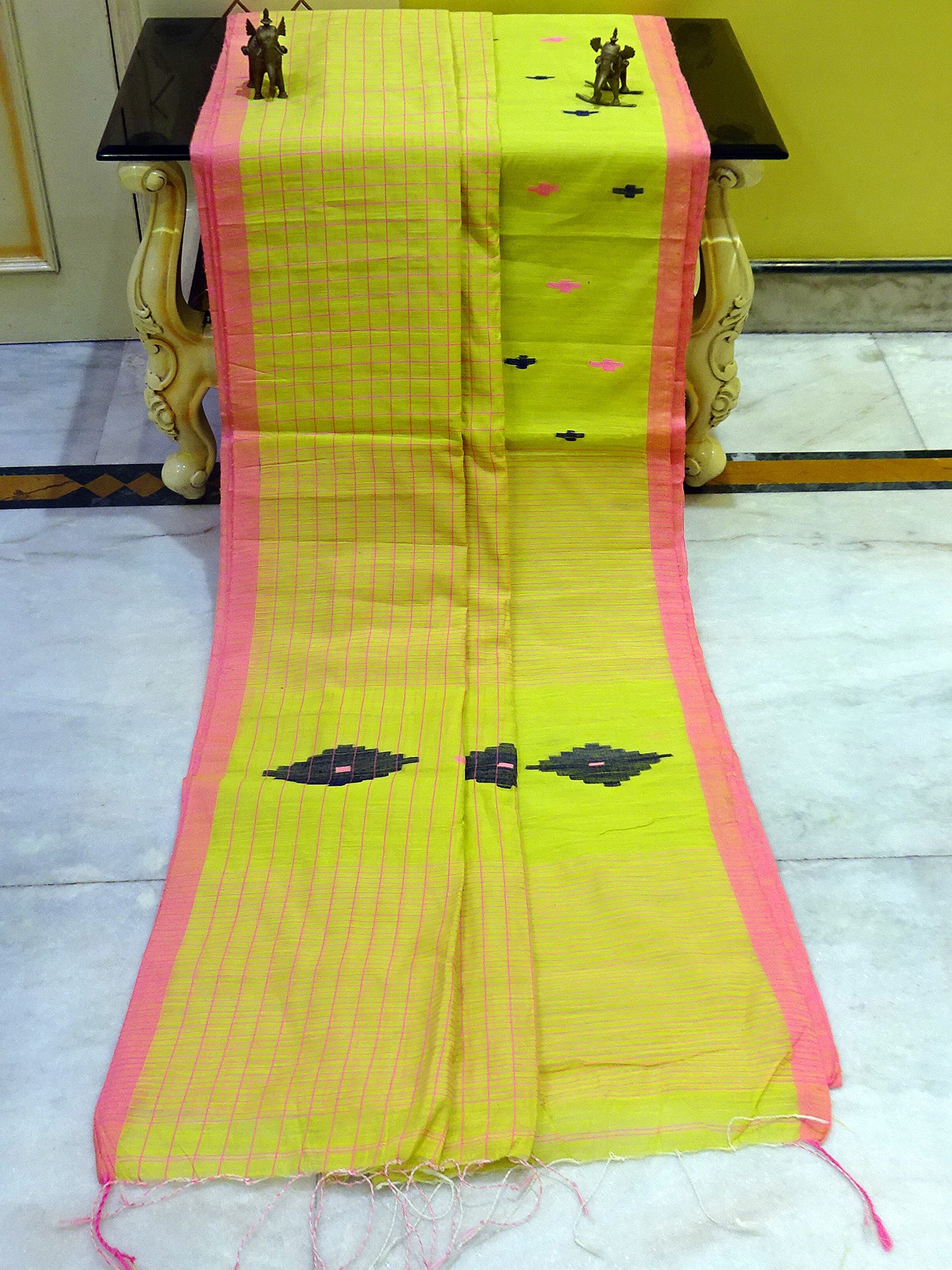 Designer Soft Cotton Silk Saree in Neon Yellow Green, Navy Blue and Taffy Pink