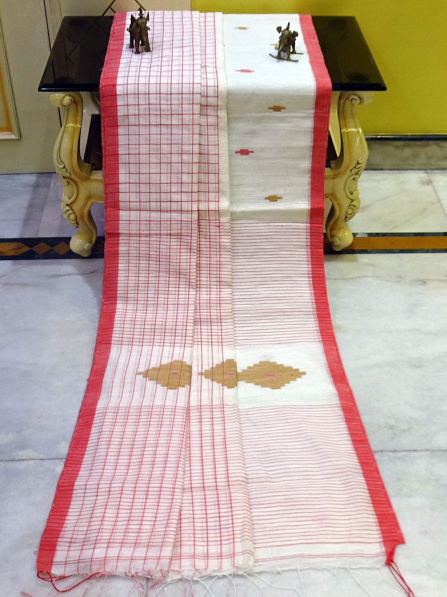 Designer Soft Cotton Silk Saree in White,Red and Mustard