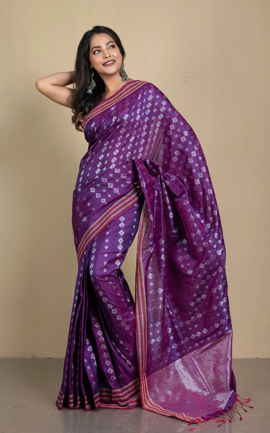 Designer Jute Cotton Katan Silk Saree in Russian Violet, Brick Red, Birch and Silver Zari Work