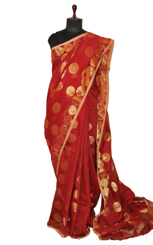 Blended Cotton Silk Saree with Golden Polka Dots in Maroon