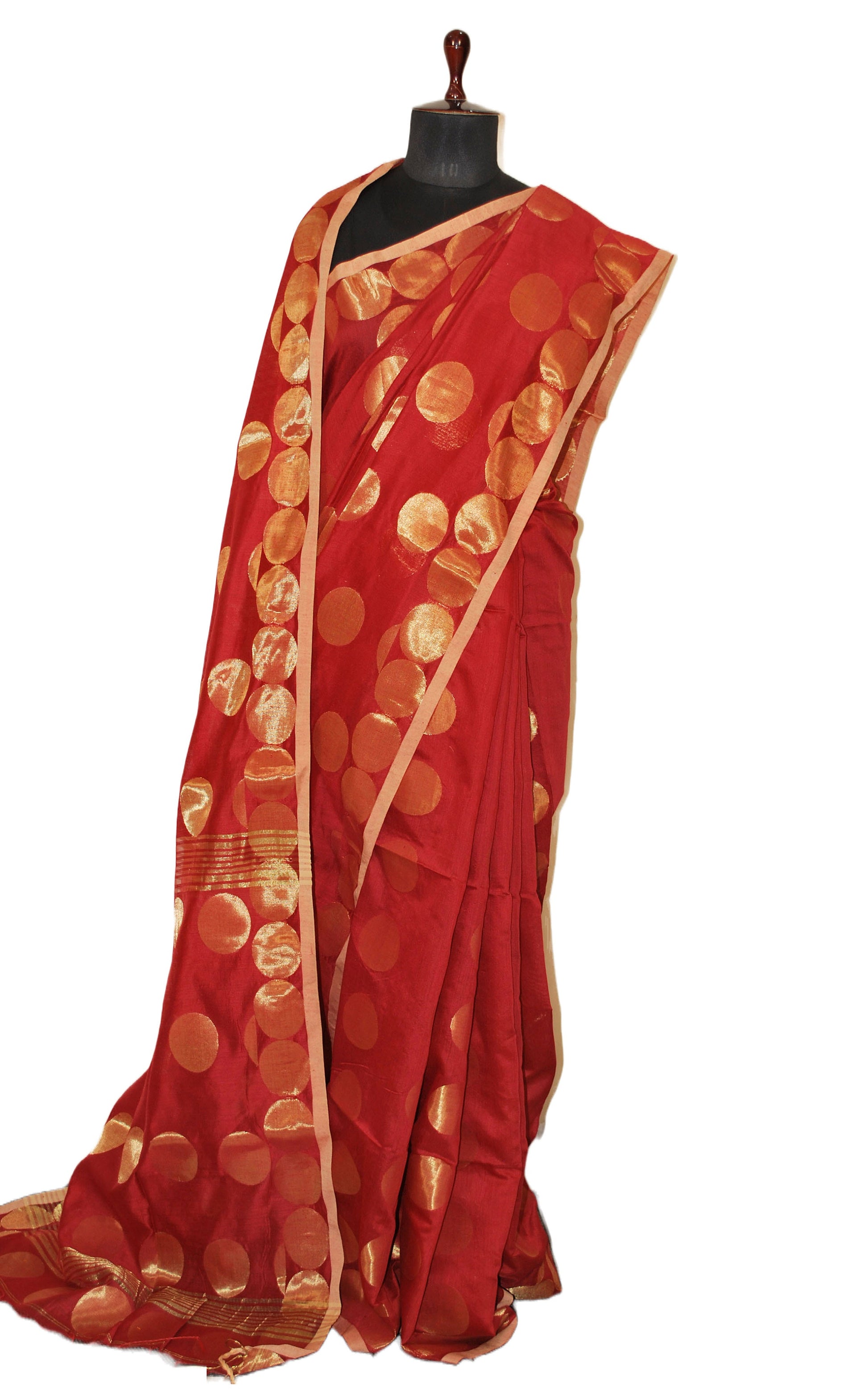 Blended Cotton Silk Saree with Golden Polka Dots in Maroon